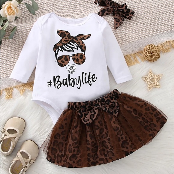 Other - #Babylife 3 piece outfit leopard print onesie skirt headband